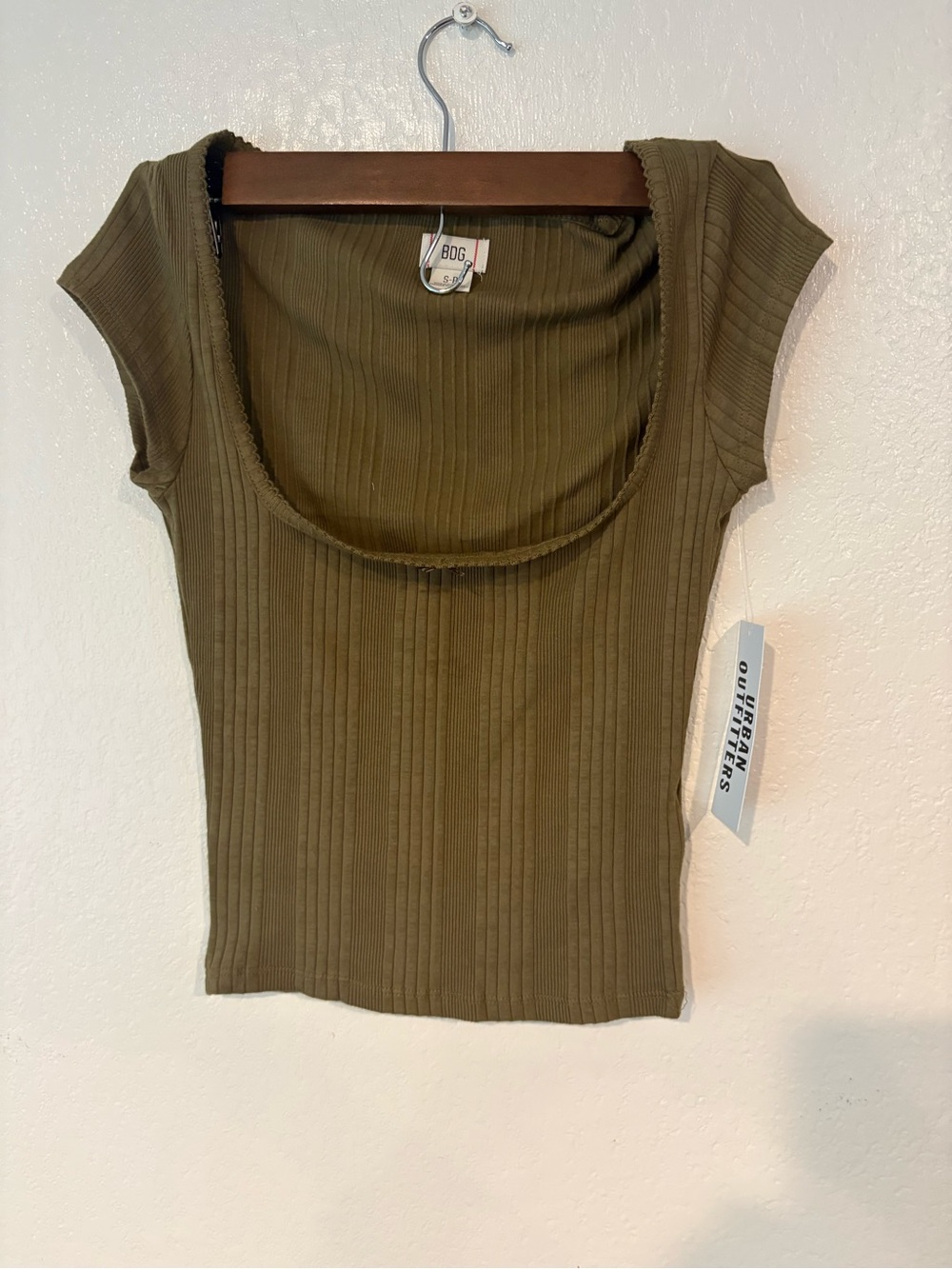 BDG Olive Ribbed Scoop Neck Cap Sleeve Tee